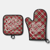 Prettig Kerst Glanzend Plaid Ovenwant & Pannenlap Set (Voorkant)