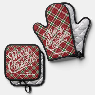 Prettig Kerst Glanzend Plaid Ovenwant & Pannenlap Set
