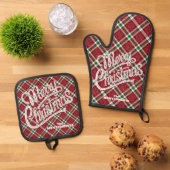 Prettig Kerst Glanzend Plaid Ovenwant & Pannenlap Set (Top down)
