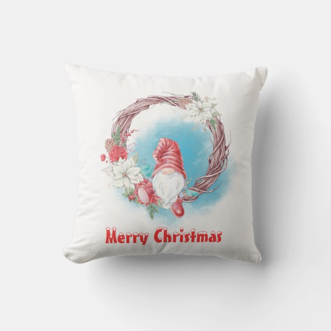 Prettig Kerst Kabouter op bloemenslinger Kussen (Voorkant)