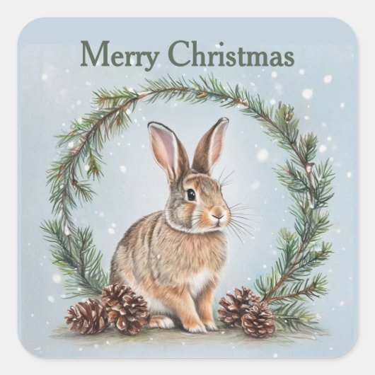 Prettig kerst konijn en dennenboom vierkante sticker (Voorkant)