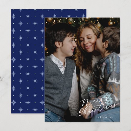 Prettig Kerst Script Foto Navy Twinkle Feestdagenkaart (Voorkant / Achterkant)