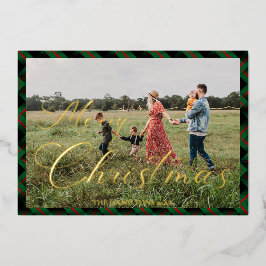 Prettig Kerst Script Navy Geruite Foto Vakantie Folie Uitnodiging