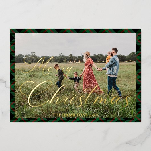 Prettig Kerst Script Navy Geruite Foto Vakantie Folie Uitnodiging (Voorkant)