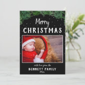 Prettig Kerst Scriptie Dennenzwart Sneeuwvlok Foto Feestdagenkaart (Staand voorkant)