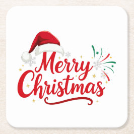 Prettig Kerst Typografie met Santa-hoed en Sneeuw Kartonnen Onderzetters