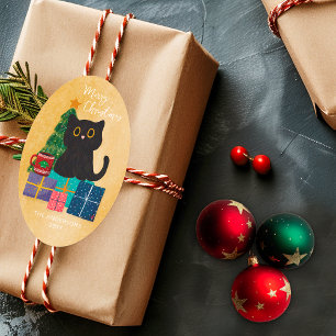 Prettig Kerst Zand Schattige Zwarte Kat Kerstboom Ovale Sticker