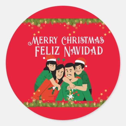 PRETTIG KERSTFEES FELIZ NAVIDAD KAART RONDE STICKER (Voorkant)