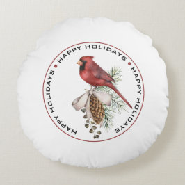 PRETTIG KERSTFEES, Rode Kerst Kardinaal Aquarel Rond Kussen
