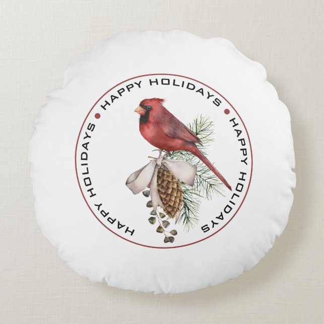 PRETTIG KERSTFEES, Rode Kerst Kardinaal Aquarel Rond Kussen (Voorkant)