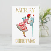 Prettig kerstfeest 1950 Kerst Vintage Dame Feestdagenkaart (Staand voorkant)