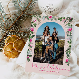 Prettig Kerstfeest 1 Foto Blush Roze & Groene Boog Feestdagenkaart