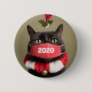 Prettig kerstfeest 2020 Kat in Covid Mondkapje Ronde Button 5,7 Cm