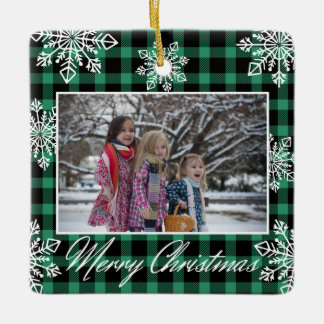 Prettig kerstfeest 2 foto sneeuwvlokken groene ru keramisch ornament