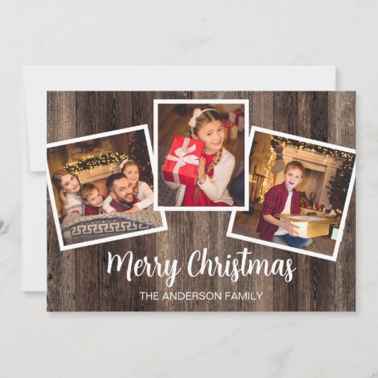 Prettig kerstfeest 3 foto robuuste hout kaart (Voorkant)