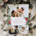 Prettig kerstfeest 3 Foto Winter Botanische Groene Feestdagenkaart<br><div class="desc">Deze collectie bevat aquarel rode bloemen,  bessen en wintergroen met moderne en elegante typografie,  met een winterbotanisch patroon op de achterkant.</div>