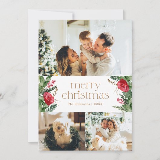 Prettig kerstfeest 3 Foto Winter Botanische Groene Feestdagenkaart (Voorkant)