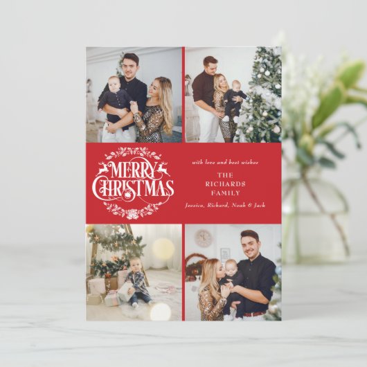 Prettig kerstfeest 4 foto collage elegant klassiek feestdagenkaart (Staand voorkant)