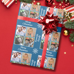 Prettig kerstfeest 4 foto collage familienaam blau cadeaupapier