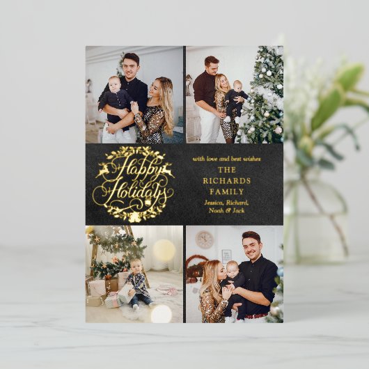 Prettig Kerstfeest 4 Foto Collage Krijtbord Goud Folie Feestdagenkaart (Staand Voorkant)