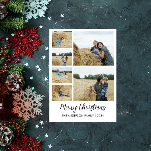 Prettig Kerstfeest 6-Foto Raster met Familienaam Feestdagenkaart