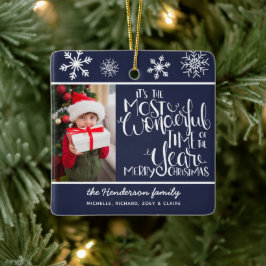 Prettig kerstfeest aangepaste foto Navyblauw sneeu Keramisch Ornament