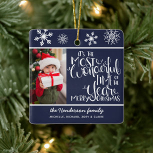Prettig kerstfeest aangepaste foto Navyblauw sneeu Keramisch Ornament