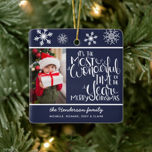 Prettig kerstfeest aangepaste foto Navyblauw sneeu Keramisch Ornament (Boom)