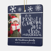Prettig kerstfeest aangepaste foto Navyblauw sneeu Keramisch Ornament (Links)