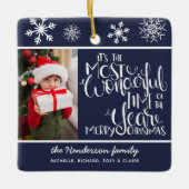 Prettig kerstfeest aangepaste foto Navyblauw sneeu Keramisch Ornament (Voorkant)