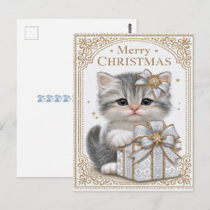 Prettig kerstfeest Adoreerbare Kitten Blauwe Lintj Briefkaart