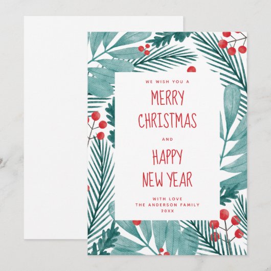 Prettig kerstfeest. Aquarel winterdennen & bloemen Feestdagenkaart (Voorkant / Achterkant)