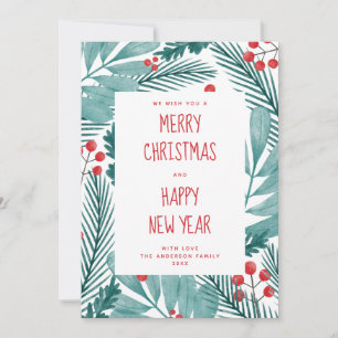 Prettig kerstfeest. Aquarel winterdennen & bloemen Feestdagenkaart