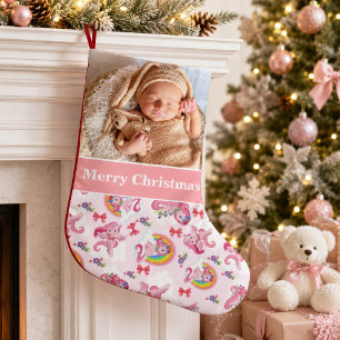 Prettig kerstfeest baby foto eenhoorn kleine kerstsok