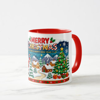 Prettig kerstfeest Besneeuwd dorp en kerstboom Mok