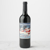 Prettig kerstfeest besneeuwd dorpspaard kerk wijn etiket (Voorkant)