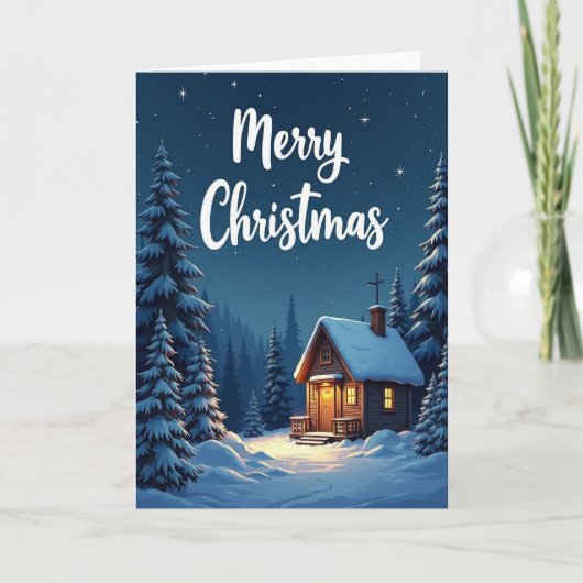 Prettig kerstfeest besneeuwde blokhut kaart (Voorkant)