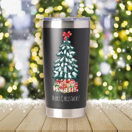 Prettig kerstfeest Besneeuwde dennenboom Geïsoleerde Drinkbeker