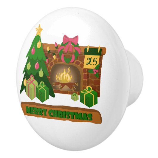 Prettig kerstfeest bij open haard kerstboom keramische knop (Rechts)