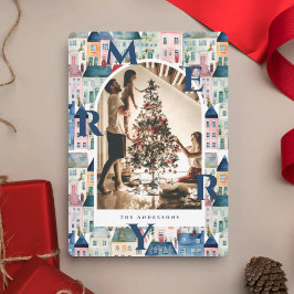 Prettig kerstfeest Blauw Aquarel Huizen Boog Foto Feestdagenkaart