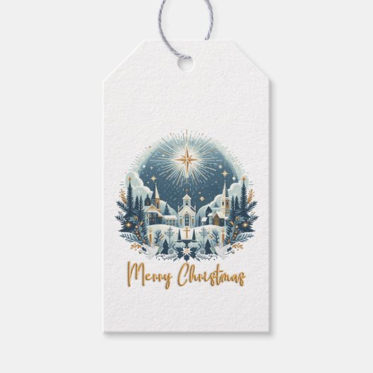 Prettig kerstfeest blauw en goud cadeaulabel (Voorkant)