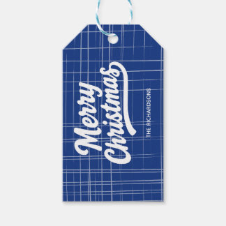 Prettig kerstfeest Blauw en Wit Linnen Stijl Cadeaulabel