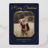 Prettig kerstfeest Blauw Foto Gouden Lijst Sneeuwv Folie Feestdagenkaart (Voorkant)