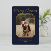 Prettig kerstfeest Blauw Foto Gouden Lijst Sneeuwv Folie Feestdagenkaart (Staand Voorkant)