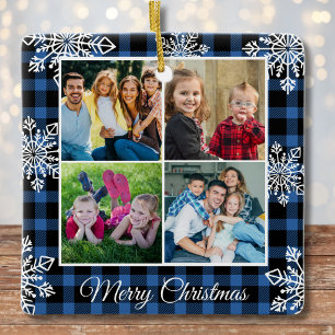 Prettig kerstfeest Blauw geruit sneeuwvlokken 4 fo Keramisch Ornament