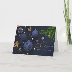 Prettig kerstfeest Blauw, Gouden Ornamenten Kaart
