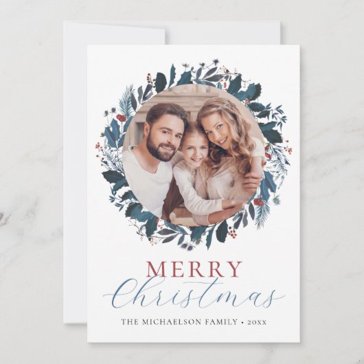 Prettig kerstfeest Blauw Groen Hulst Foto Feestdagenkaart (Voorkant)
