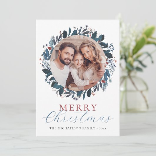 Prettig kerstfeest Blauw Groen Hulst Foto Feestdagenkaart (Staand voorkant)