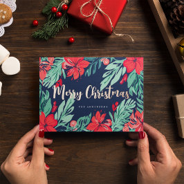 Prettig kerstfeest Blauw Rood Elegante Botanische Folie Feestdagenkaart
