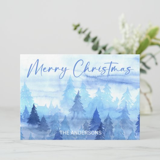 Prettig kerstfeest Blauwe Aquarel Dennenbomen Feestdagenkaart (Staand voorkant)